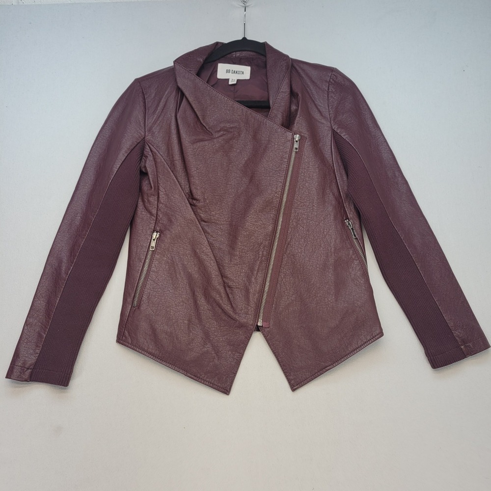 BB Dakota Faux Leather Jacket‎ Womens XS Burgundy Moto Asymmetrical Zip